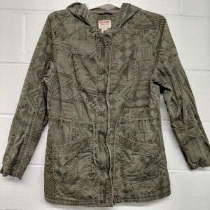 Mossimo Jacket Womens XXL Army Green Aztec Art Deco Hooded Pockets Tie Waist Zip